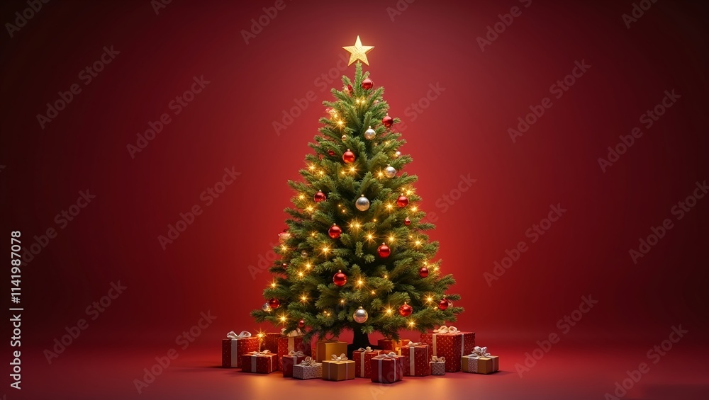 christmas tree with lights tall Festively decorated Christmas green tree with fairy lights on red color background a very nice big christmas tree with lights tall Festively decorated Christmas green tree with fairy lights on red color background a very nice big