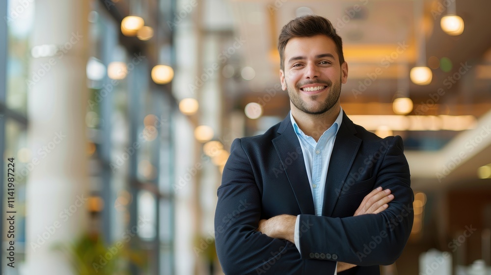 A confident professional man stands smiling in a modern office space, exuding charisma and approachability.