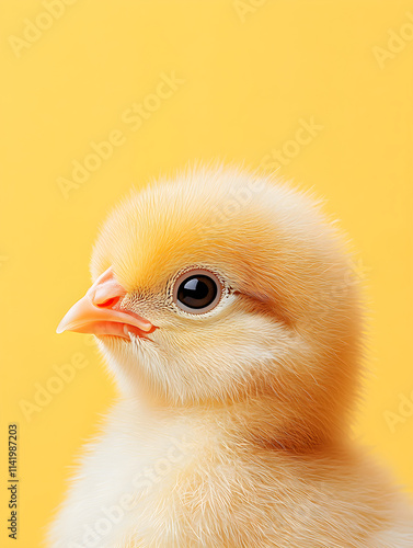 Little newborn chicken on yellow background. Yellow bird on spring sunny backdorp. Happy Easter concept. Banner, card with cute funny chick pet. Organic farm, love animals theme with copy space. photo