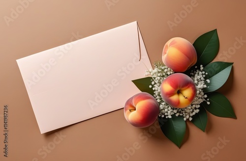 Festive mockup with wild flowers, fresh peach with green leaves on the background of the color of the year Mocha Mousse. Horizontal concept of floristry services photo