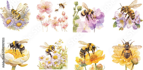 bee in flower watercolor clipart