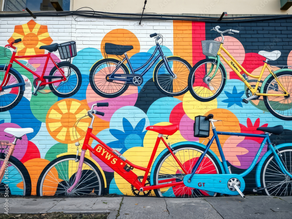 A colorful mural of bicycles with the word BYWS written on them. The bikes are arranged in a way that they look like they are leaning against a wall. The mural is vibrant and lively
