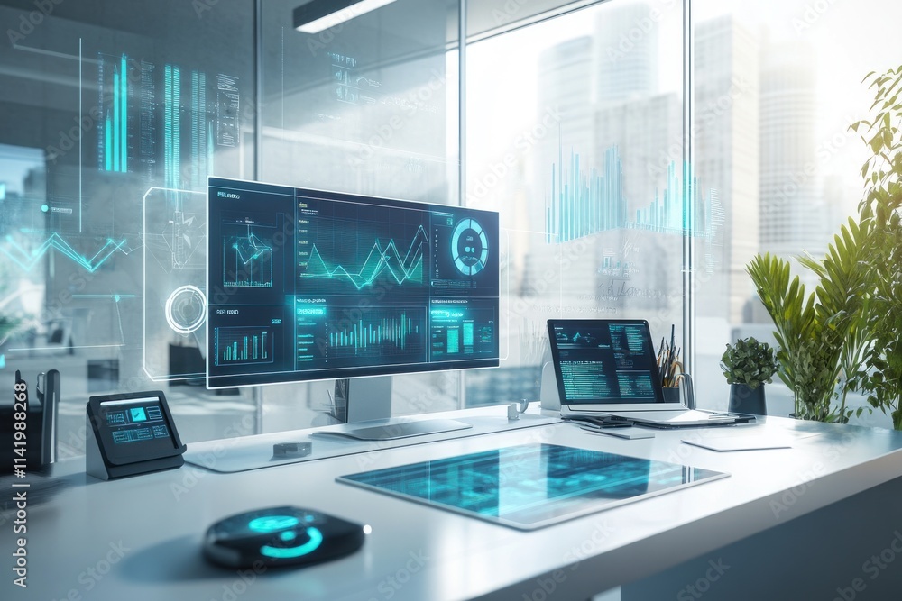 Modern tech workspace with futuristic displays showing data analytics. Modern tech workspace with futuristic displays showing data analytics.