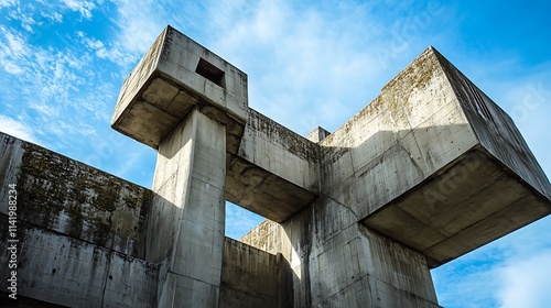 Abstract concrete structure intensely rising under blue sky wide photo. AI Generated photo