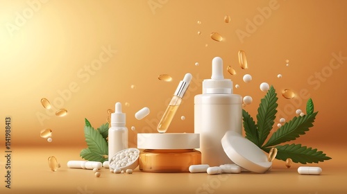 Minimalist composition showcasing a lineup of clean hemp based medical products including oils balms and capsules displayed against a bright healthcare themed background for a natural photo