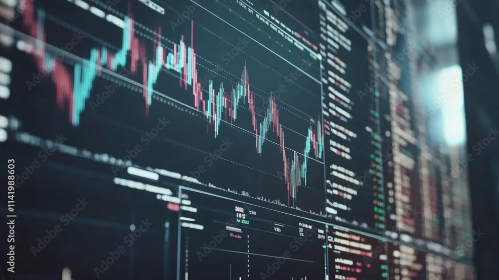 Financial Market Data Analysis: Close-up view of a large screen displaying complex financial charts and data, highlighting the dynamic nature of the stock market. Financial Market Data Analysis: Close-up view of a large screen displaying complex financial charts and data, highlighting the dynamic nature of the stock market.