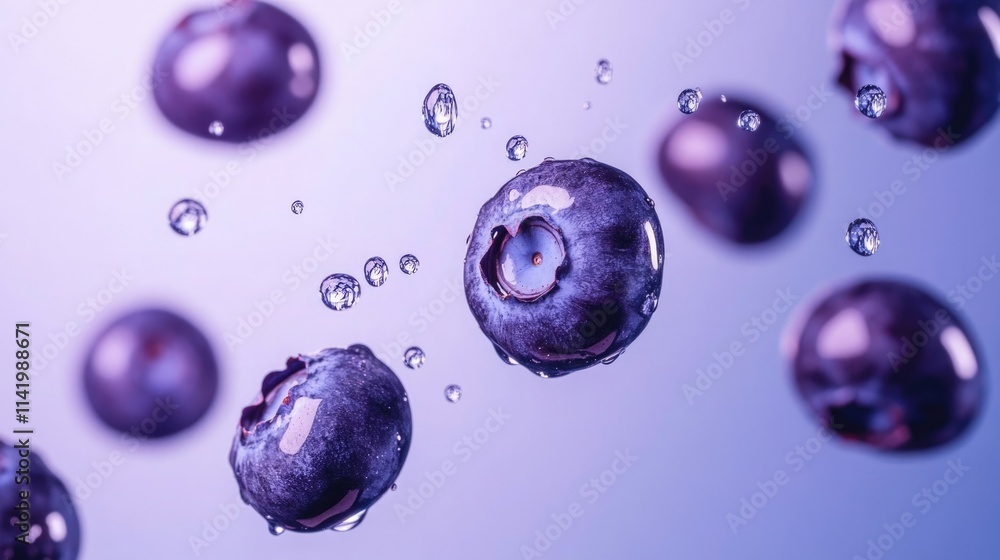 Blueberries splash and float in the air with droplets against a purple background in a close-up capture Blueberries splash and float in the air with droplets against a purple background in a close-up capture