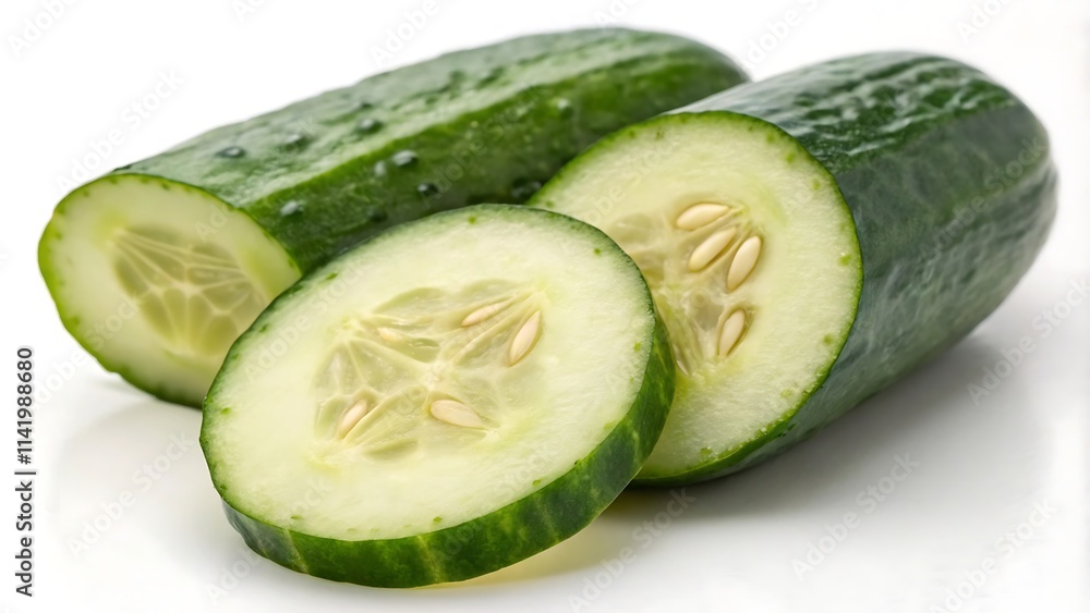 A green cucumber sliced in half isolated on a white background A green cucumber sliced in half isolated on a white background