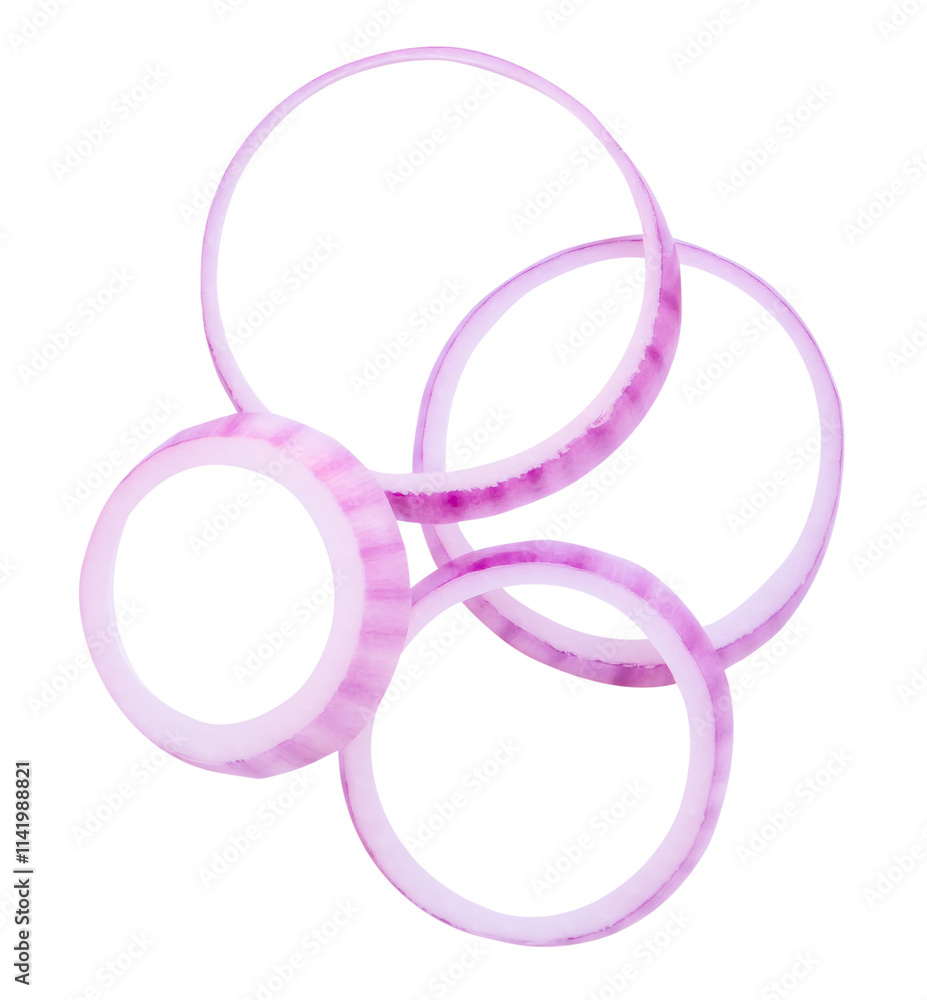 Top view of red onion slices or onion rings in stack isolated on white background with clipping path Top view of red onion slices or onion rings in stack isolated on white background with clipping path