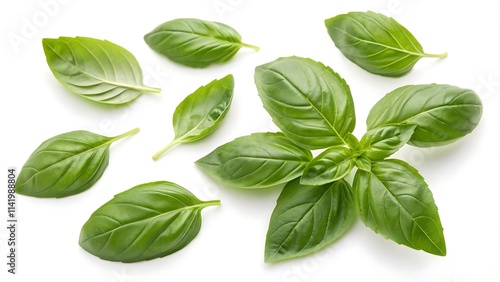 Fresh green basil leaves isolated on a clean white background