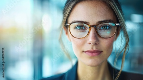 Confident woman wearing glasses poses for a portrait in a modern, well-lit office during the late afternoon