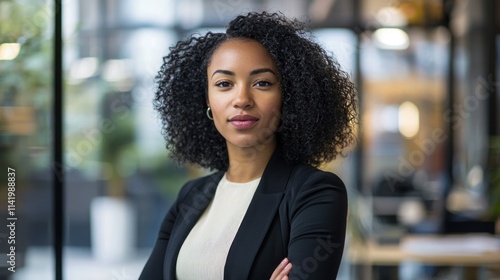 Confident businesswoman stands in modern office setting, showcasing professionalism and focus on career development in urban environment