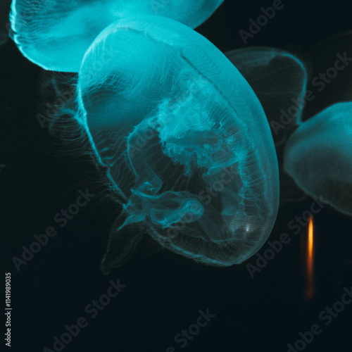 Konstfotografi Méduse rapprochée bleue, fond sombre abyssal bioluminescence, aquarium, profondeurs océanique