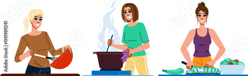 cuisine cooking dinner kitchen mother vector. bake fry, saut boil, simmer grill cuisine cooking dinner kitchen mother character. people flat cartoon illustration