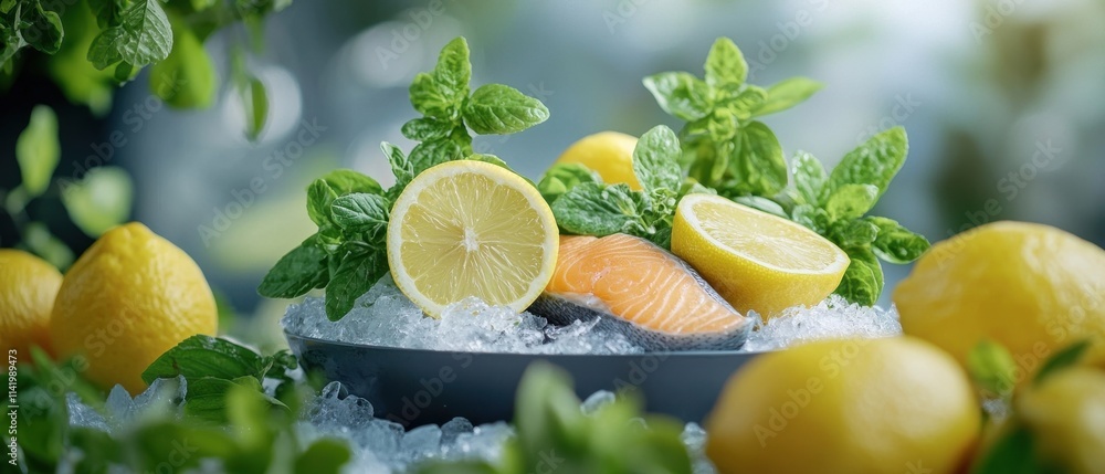 Fresh Salmon Fillet with Lemon and Mint on an Icy Platter Fresh Salmon Fillet with Lemon and Mint on an Icy Platter