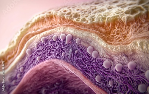 A detailed cross-section of the layering in an interior view, showing purple muscle fibers and pink fat cells with white capillaries.  photo