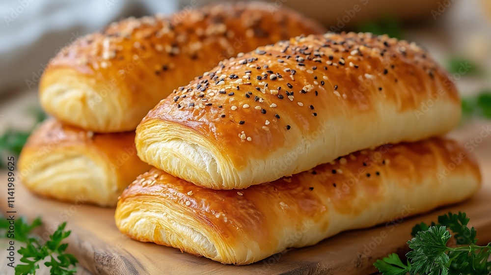 Golden Sesame Bread Rolls: A stack of three delicious golden-brown sesame bread rolls, freshly baked and ready to be enjoyed. Close-up view highlighting the texture and appetizing appearance. Golden Sesame Bread Rolls: A stack of three delicious golden-brown sesame bread rolls, freshly baked and ready to be enjoyed. Close-up view highlighting the texture and appetizing appearance.