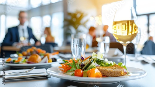 A well-presented dish with fresh vegetables and a glass of white wine in an elegant dining setting, featuring blurred guests in the background.