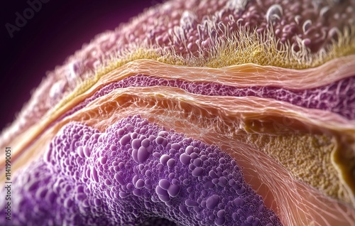 A detailed cross-section of the layering in an interior view, showing purple muscle fibers and pink fat cells with white capillaries.  photo