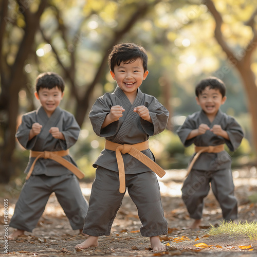 Three children, dressed in gray martial arts attire and black pants with belts of the same color scheme, have fun practicing karate together outdoors. The boy is smiling happily wh photo