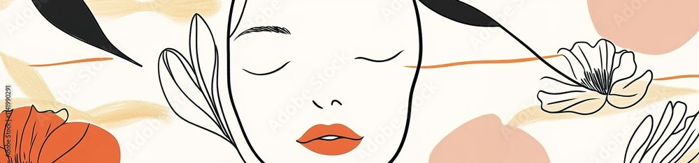 A minimalist line art illustration of a woman's face with closed eyes and flowers, rendered in light black lines on a white background A minimalist line art illustration of a woman's face with closed eyes and flowers, rendered in light black lines on a white background