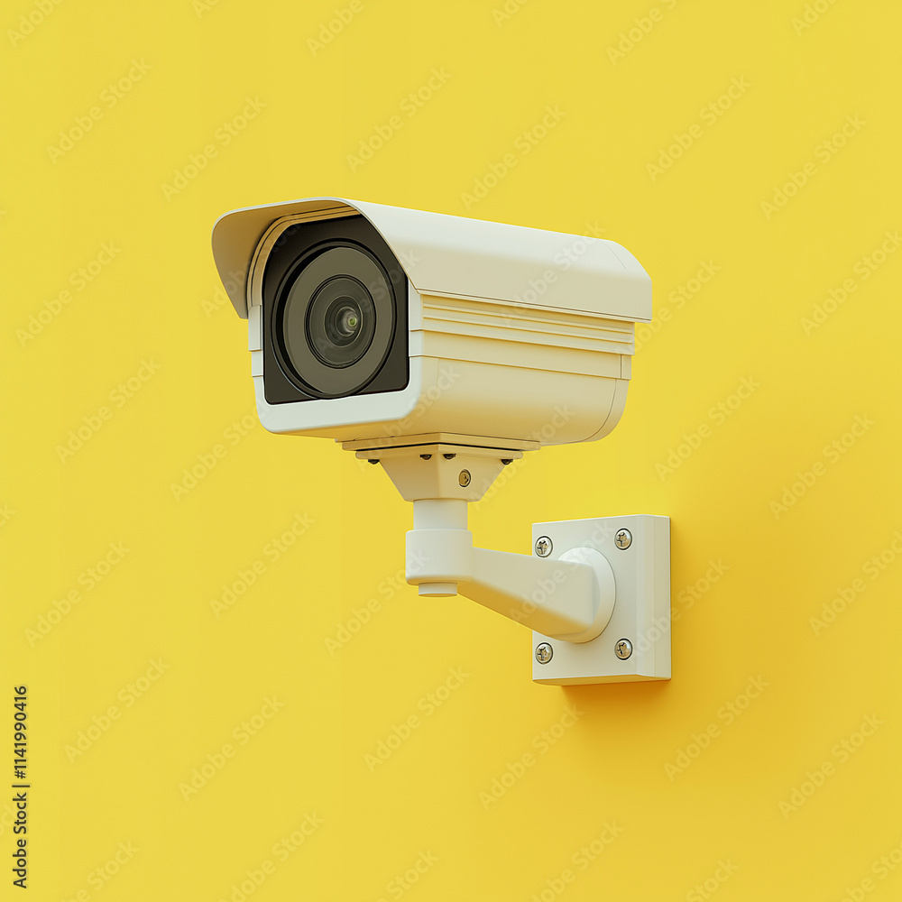 3D rendering of a CCTV camera on a yellow background. Simple, minimalistic style, isometric view, industrial and product design, clean white shadows, wide-angle shot, high-resoluti 3D rendering of a CCTV camera on a yellow background. Simple, minimalistic style, isometric view, industrial and product design, clean white shadows, wide-angle shot, high-resoluti