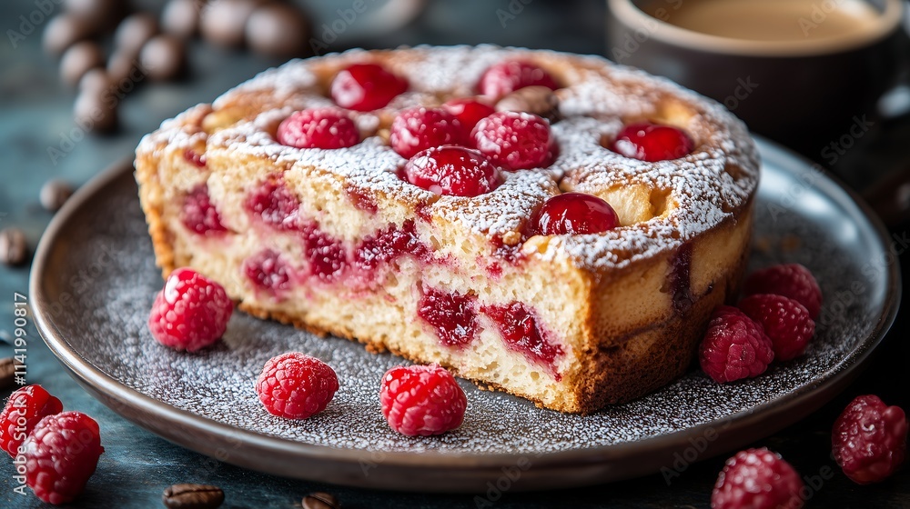 Raspberry Coffee Cake: A tempting slice of homemade raspberry coffee cake, dusted with powdered sugar and adorned with fresh raspberries. Perfect for a cozy morning or afternoon treat. Raspberry Coffee Cake: A tempting slice of homemade raspberry coffee cake, dusted with powdered sugar and adorned with fresh raspberries. Perfect for a cozy morning or afternoon treat.