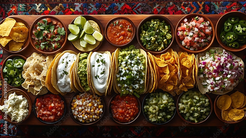 A large wooden platter of tacos served with bowls of fresh guacamole, sour cream, and spicy red salsa, surrounded by lime wedges, jalapeno slices, and colorful toppings, A large wooden platter of tacos served with bowls of fresh guacamole, sour cream, and spicy red salsa, surrounded by lime wedges, jalapeno slices, and colorful toppings,