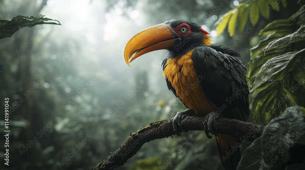 Obraz premium vibrant hornbill perched on branch in lush forest