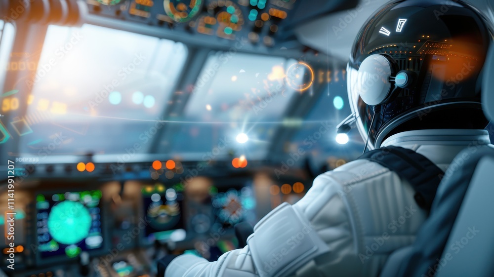 Fototapeta premium A futuristic astronaut pilot navigates a high-tech spacecraft, surrounded by advanced control panels and a panoramic view of space.