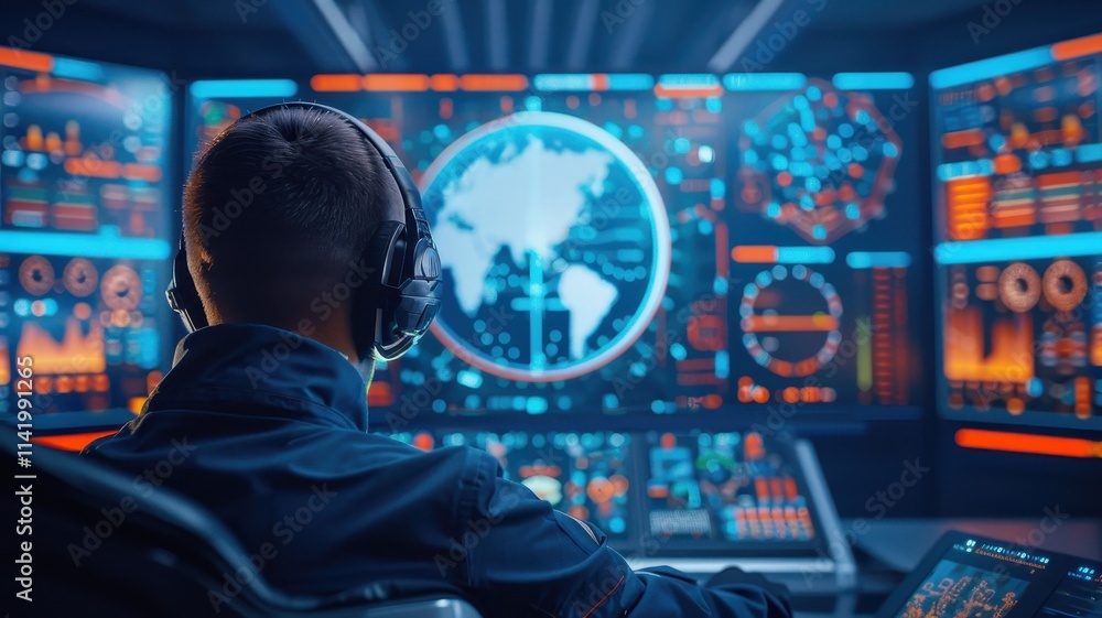 A person monitors a high-tech control room filled with screens displaying global data and graphics, wearing headphones and focused on the information. A person monitors a high-tech control room filled with screens displaying global data and graphics, wearing headphones and focused on the information.