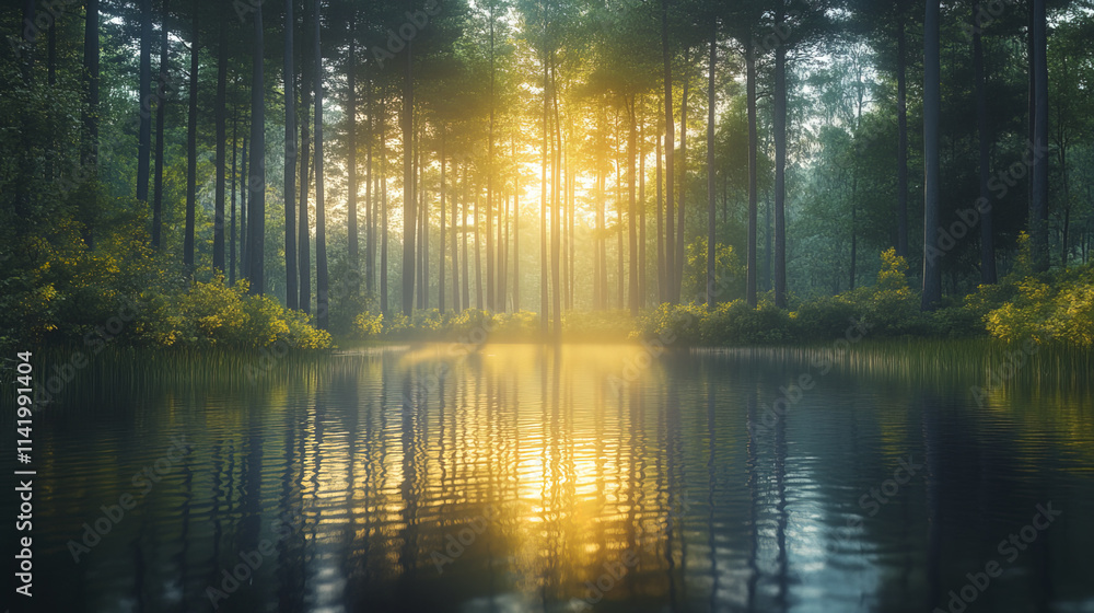 Obraz premium Sunlit forest with golden rays reflecting on calm water surface, serene atmosphere