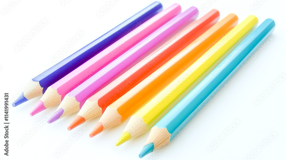 A set of vibrant colored pencils arranged on a clean white background, showcasing a variety of hues A set of vibrant colored pencils arranged on a clean white background, showcasing a variety of hues