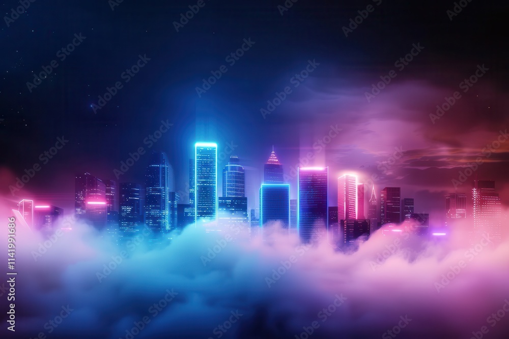 Naklejka premium A vibrant city skyline illuminated by neon lights, partially shrouded in colorful fog, creating a futuristic and mystical atmosphere.