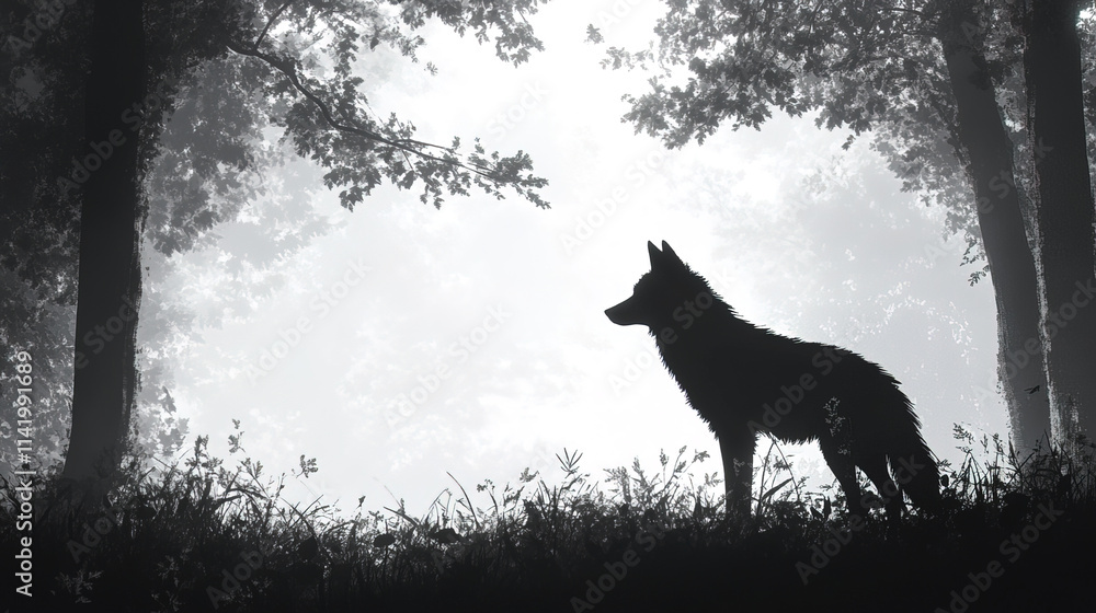 Silhouette of lone wolf standing at edge of forest, evoking mystery and solitude Silhouette of lone wolf standing at edge of forest, evoking mystery and solitude