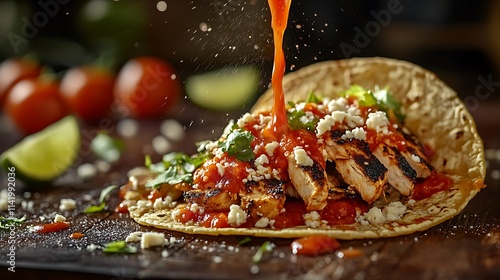 A taco mid-pour with vibrant red salsa streaming onto toppings like grilled chicken, fresh lettuce, and cheese, scattered lime wedges and tomatoes on a rustic wooden surface, high-speed motion freeze, photo