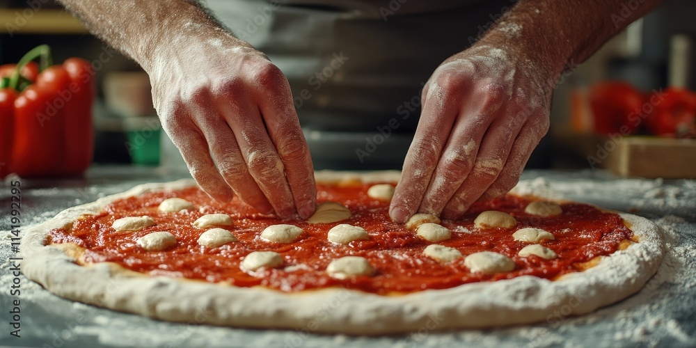 Close-Up Shot of Hands Preparing Pizza Dough with Toppings and Fresh Ingredients in the Kitchen Close-Up Shot of Hands Preparing Pizza Dough with Toppings and Fresh Ingredients in the Kitchen