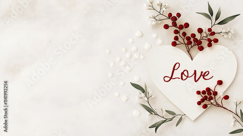 Heart with red berries and "Love" text on white background