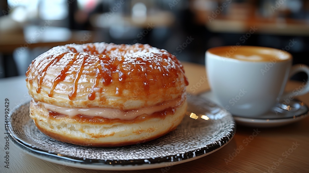 Caramel Cream Donut and Latte: Indulgent treat. Sweet caramel cream filled donut paired with a creamy latte. Perfect breakfast or afternoon pick-me-up. Enjoy this delightful combination. 