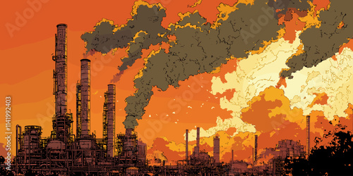 Industrial Factory at Sunset: A Dramatic View of Urban Pollution and Environmental Impact