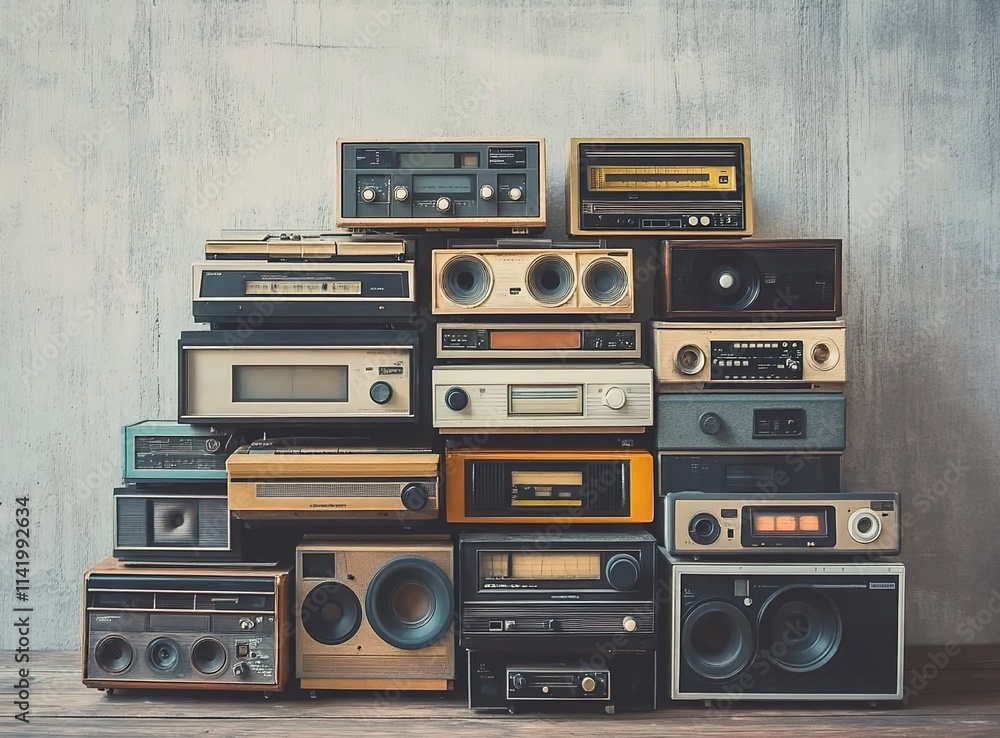 Fototapeta premium A stack of vintage audio devices, including cassette tapes and boomboxes, arranged in an artistic display against a concrete wall background.