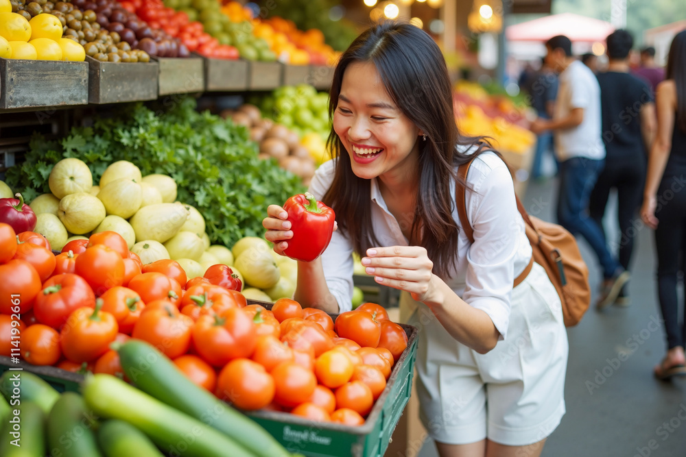 Asian Woman Smiling While Holding a Red Tomato Asian Woman Smiling While Holding a Red Tomato