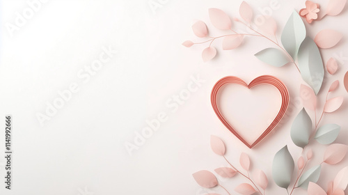 Paper heart with pastel leaves on soft white background