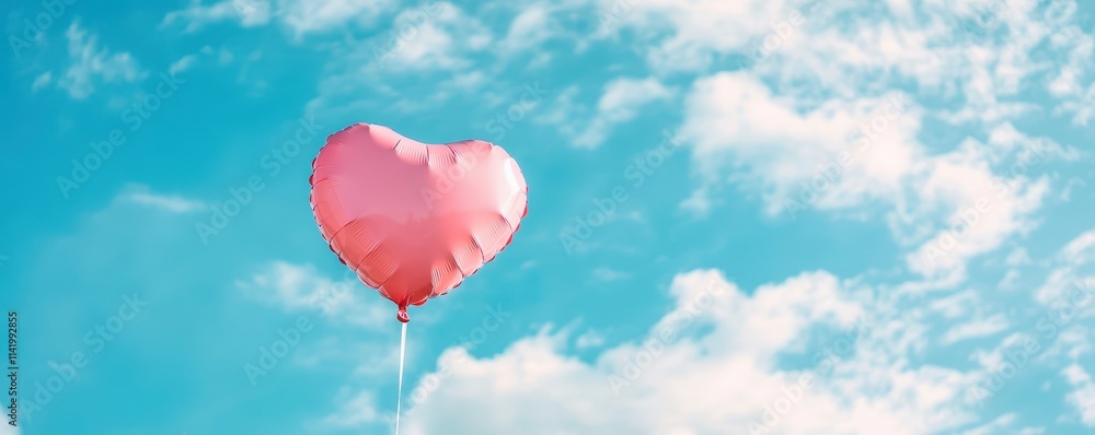 Fototapeta premium Heart Balloon flying on the sky over the cloud,Red helium balloon,Glossy heart with reflection foil balloon,anniversary wedding,Valentine day,Love symbol,holiday card,copy space.