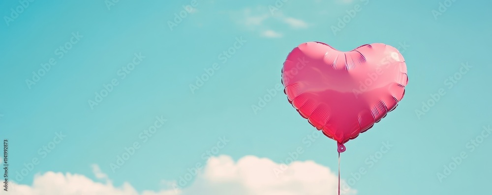 Obraz premium Heart Balloon flying on the sky over the cloud,Red helium balloon,Glossy heart with reflection foil balloon,anniversary wedding,Valentine day,Love symbol,holiday card,copy space.