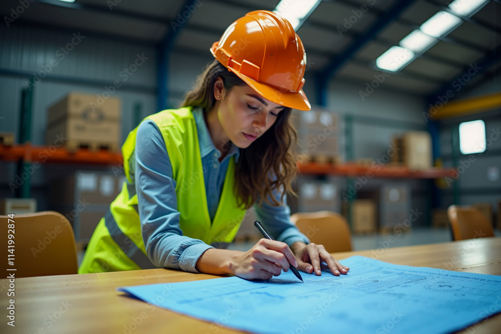 Woman in Orange Hard Hat Taking Notes on Paper