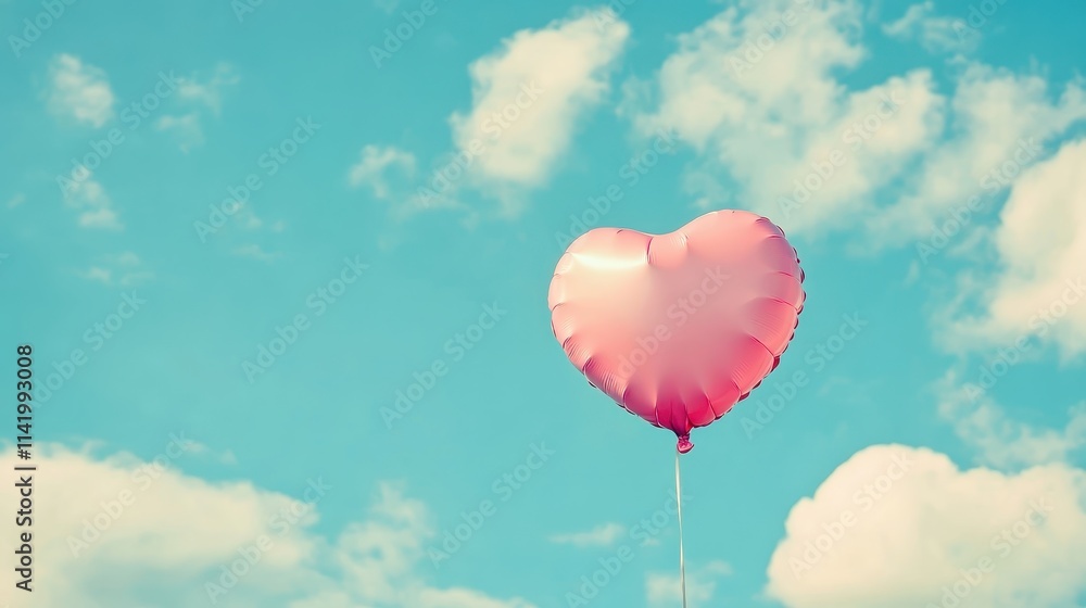 Fototapeta premium Heart Balloon flying on the sky over the cloud,Red helium balloon,Glossy heart with reflection foil balloon,anniversary wedding,Valentine day,Love symbol,holiday card,copy space.
