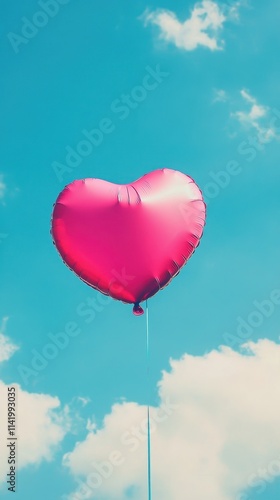 Heart Balloon flying on the sky over the cloud,Red helium balloon,Glossy heart with reflection foil balloon,anniversary wedding,Valentine day,Love symbol,holiday card,copy space.
