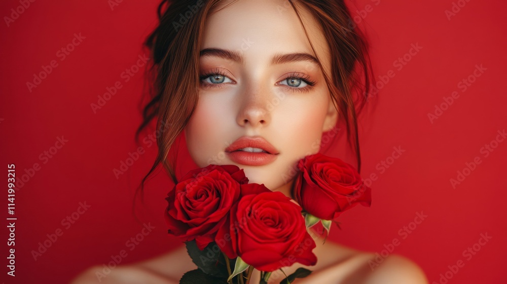 Naklejka premium Beautiful Woman Holding Red Roses Against Red Background