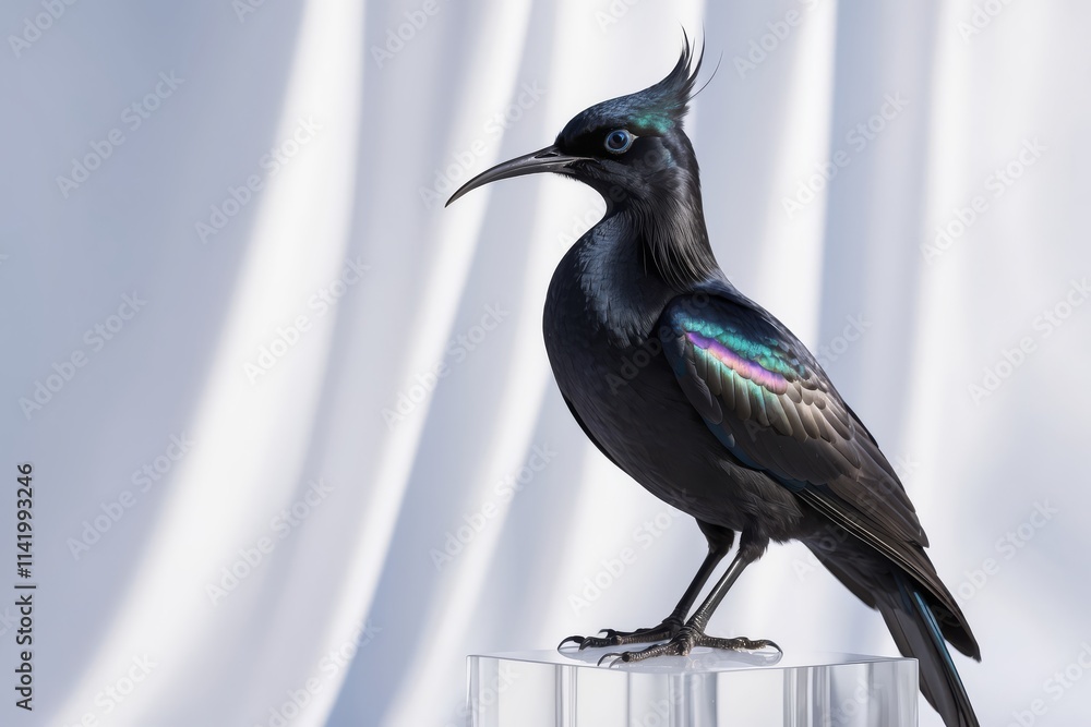Obraz premium Elegant black bird with iridescent feathers perched on a clear acrylic cube against a white fabric backdrop.